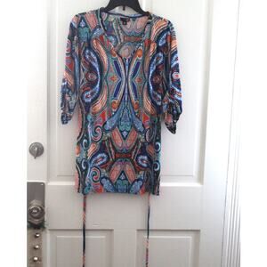 East 5th Womens Blouse Medium Multicolor Paisley 3/4 Sleeve V Neck Shirt Knit